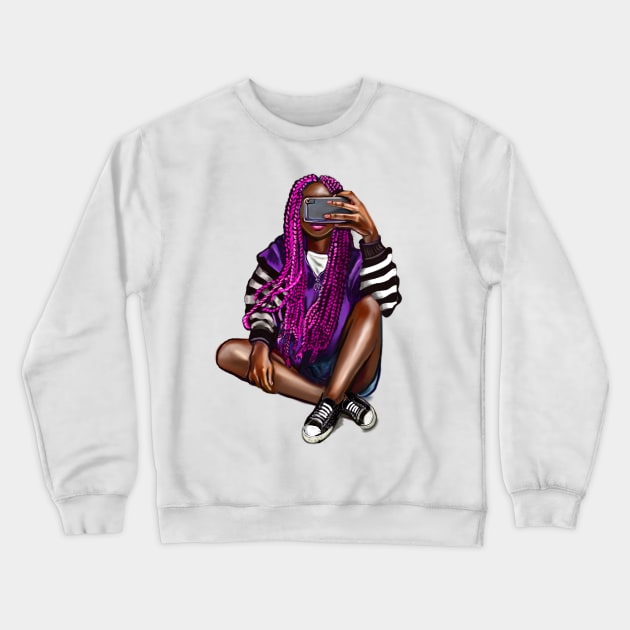 Cool edgy girl with natural afro hair in pink braids and camera phone black girl Magic. “African American woman”,teenager, African American teen Crewneck Sweatshirt by Artonmytee